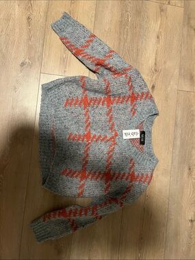 fab'rik Gray Crewneck Sweater with Orange Plaid